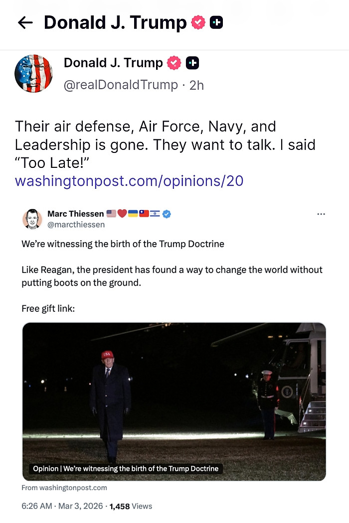 트럼프 &quot;이란이 이제 와서 대화를 원한다고 한다. 하지만 너무 늦었다!&quot;